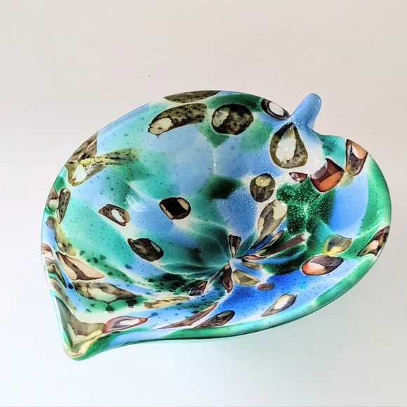 Vintage Murano Glass Leaf Bowl – Tutti Frutti Blue Green w/ Silver Flecks
